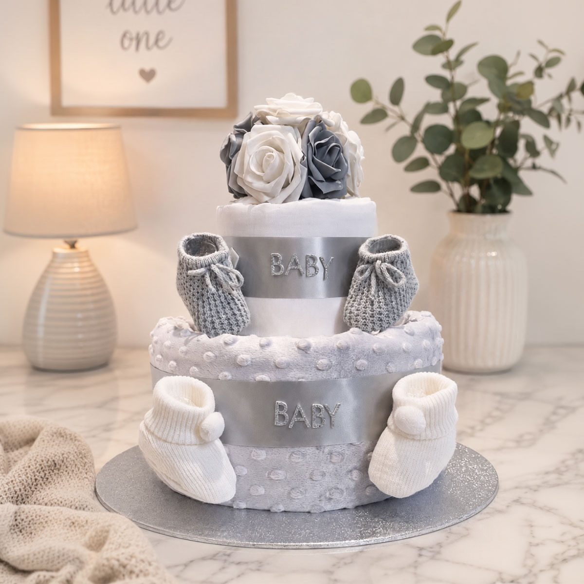 Grey Roses 2 Tier Nappy Cake