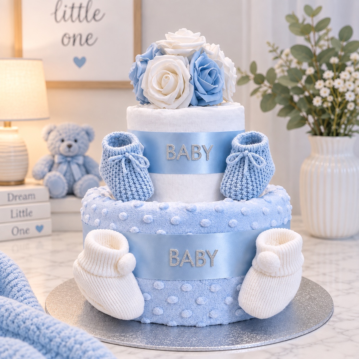 Baby blue and white rose two tier nappy cake