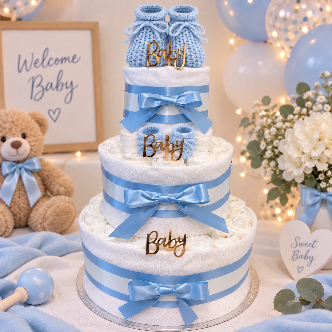 Baby boy blue and white 3 tier nappy cake