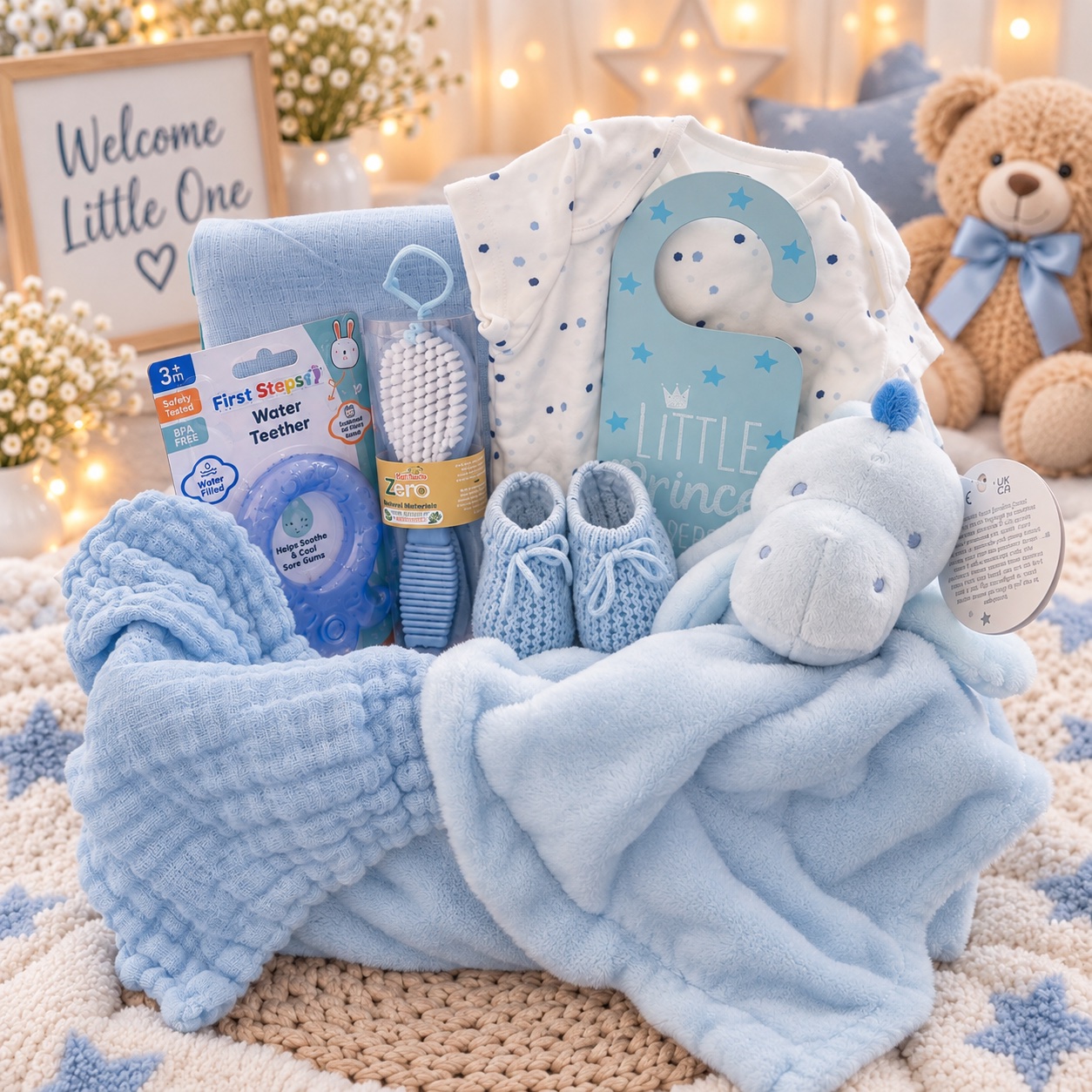 Blue baby boy gift hamper with comforter, booties and teether
