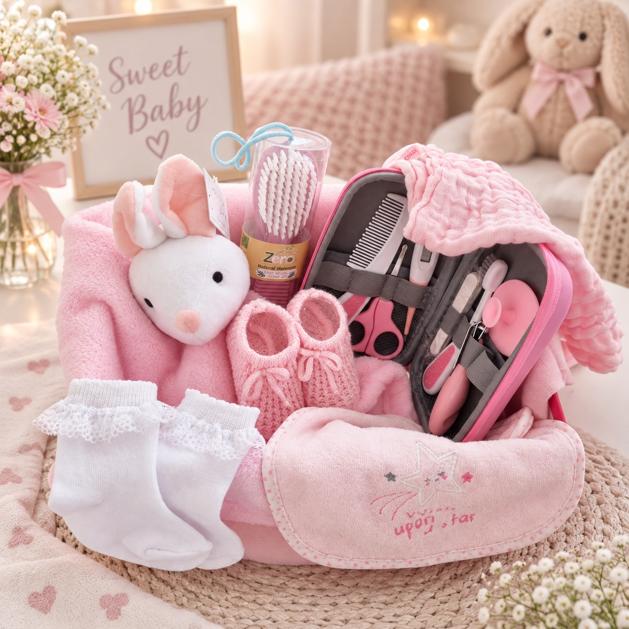 Pink baby girl gift hamper with bunny comforter, booties and grooming set