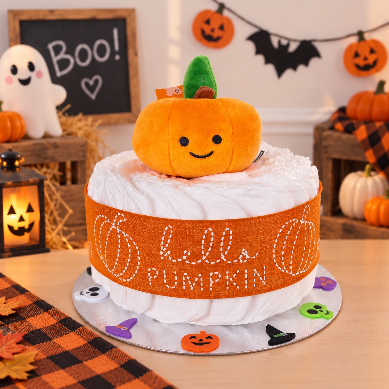 Halloween pumpkin nappy cake with plush pumpkin topper
