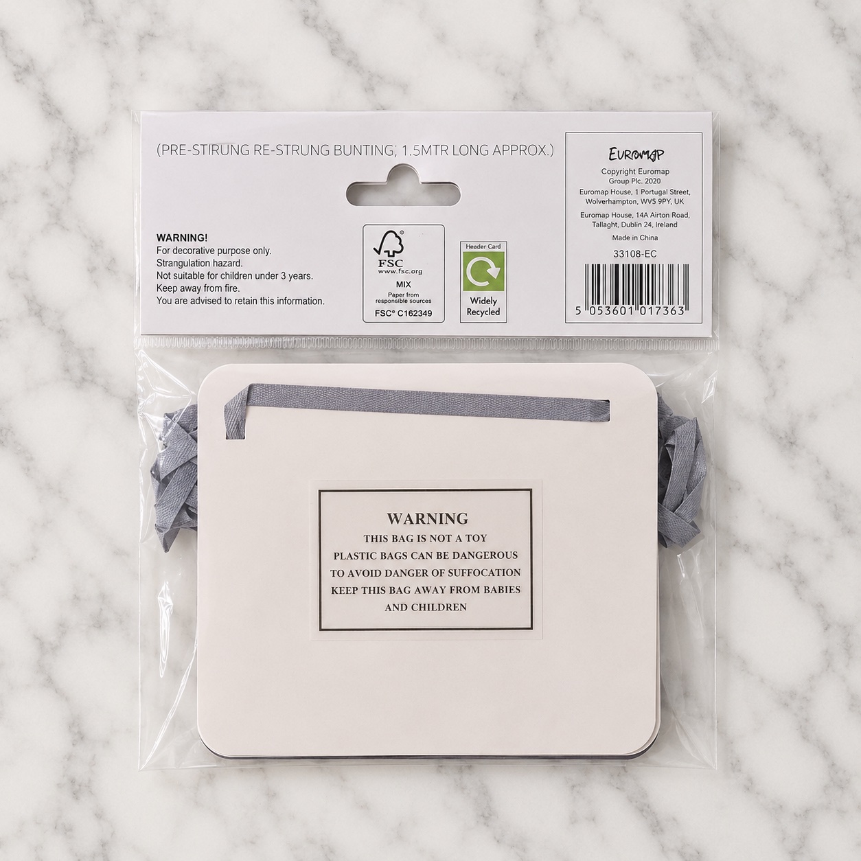 The “Baby Shower” bunting banner packaging showing product details