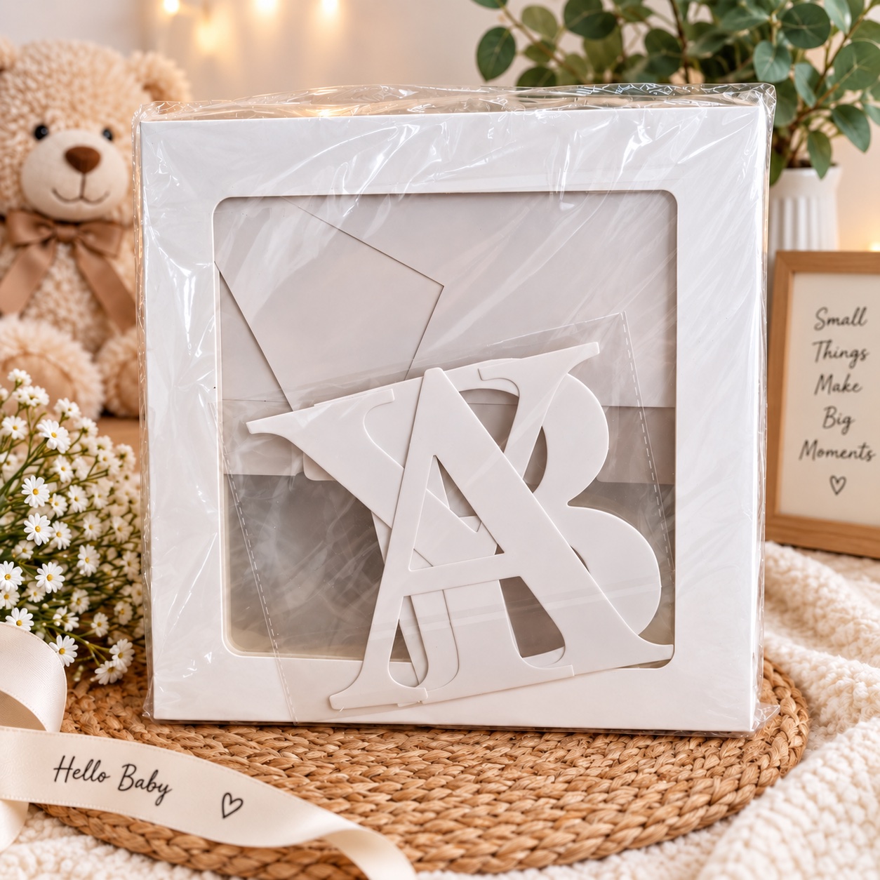 The Baby Shower letter boxes flat-packed in packaging with the white B A B Y letters