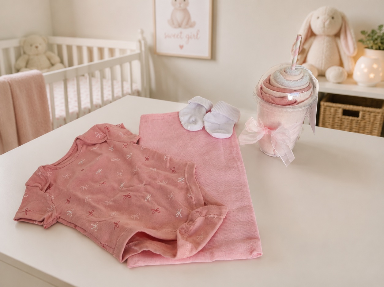 The baby girl milkshake hamper contents laid out — a pink bodysuit, pink muslin square and baby socks