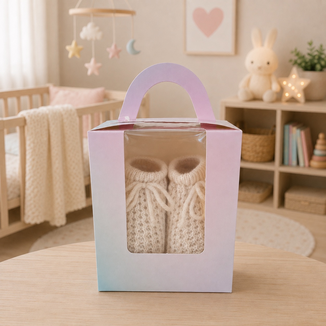 Biscuit knitted baby booties presented in a pastel gift box