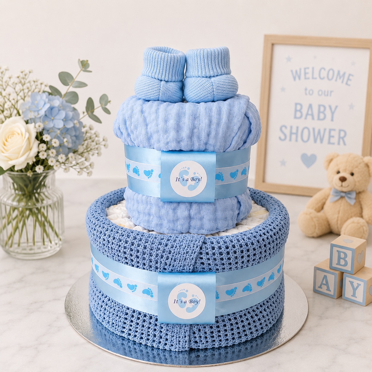 The blue 2 tier nappy cake styled with an It's a Boy tag