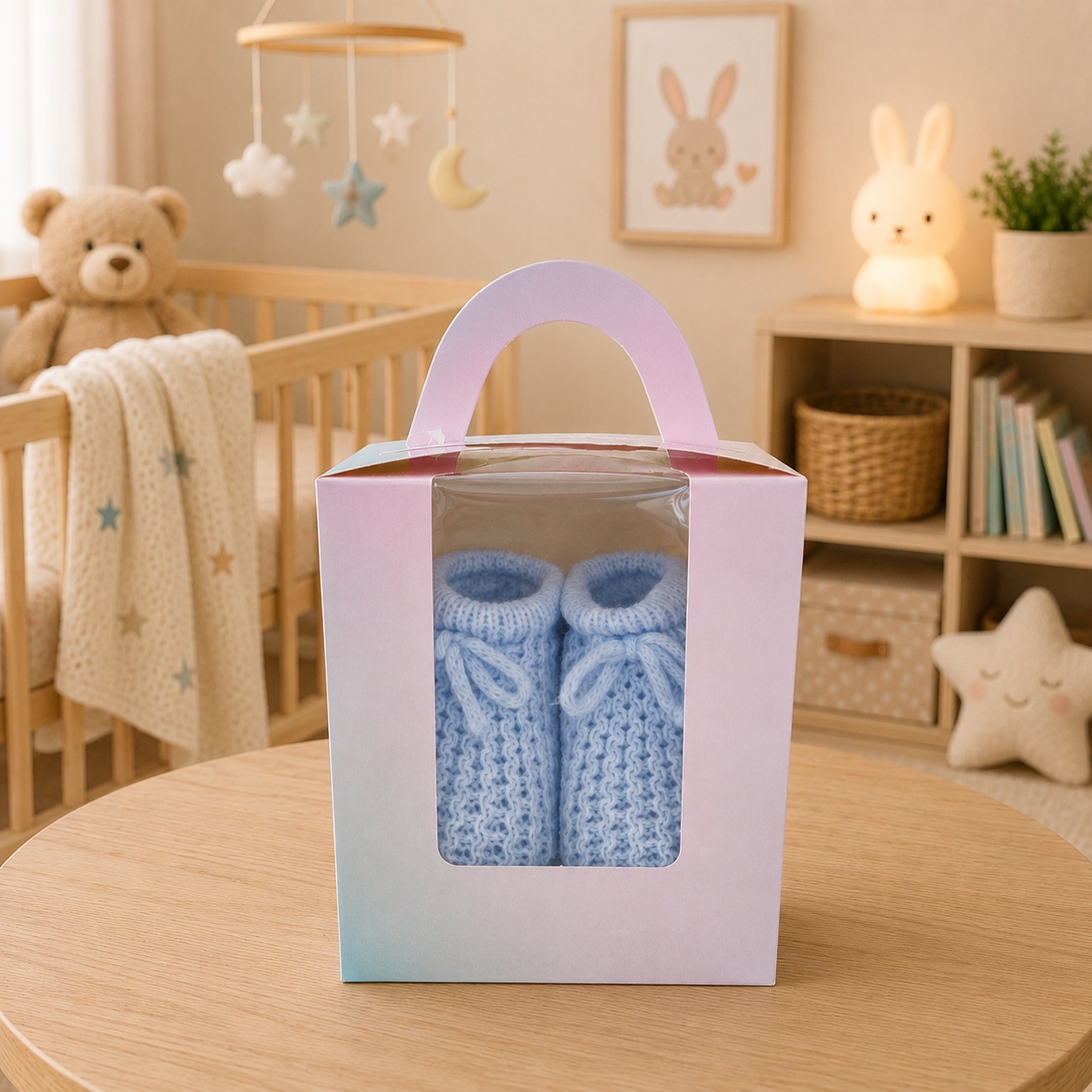 Blue knitted baby booties presented in a pastel gift box