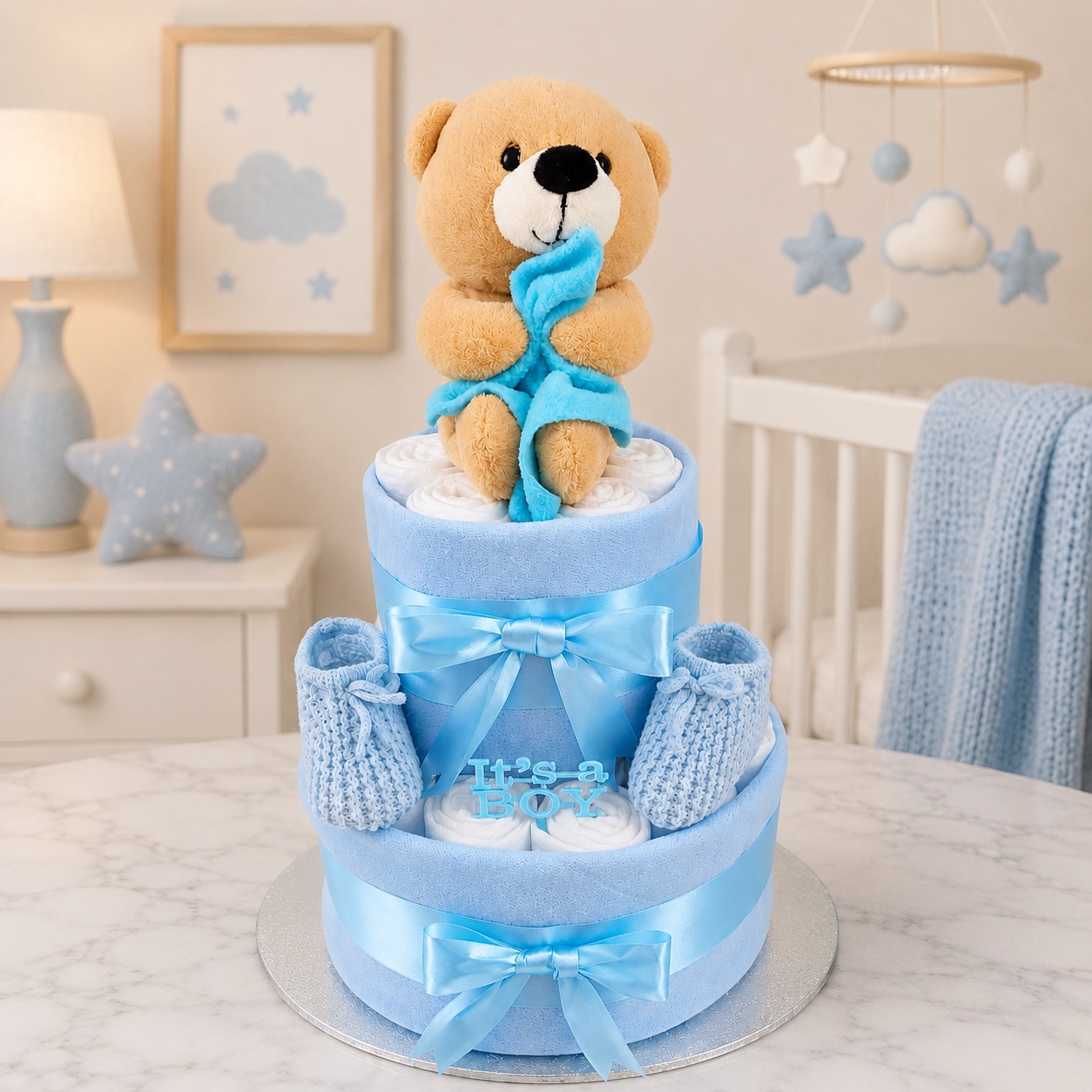 Blue bows two tier baby boy nappy cake with teddy bear topper