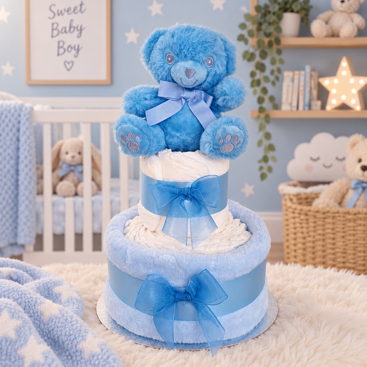 Blue Teddy 2 Tier Nappy Cake