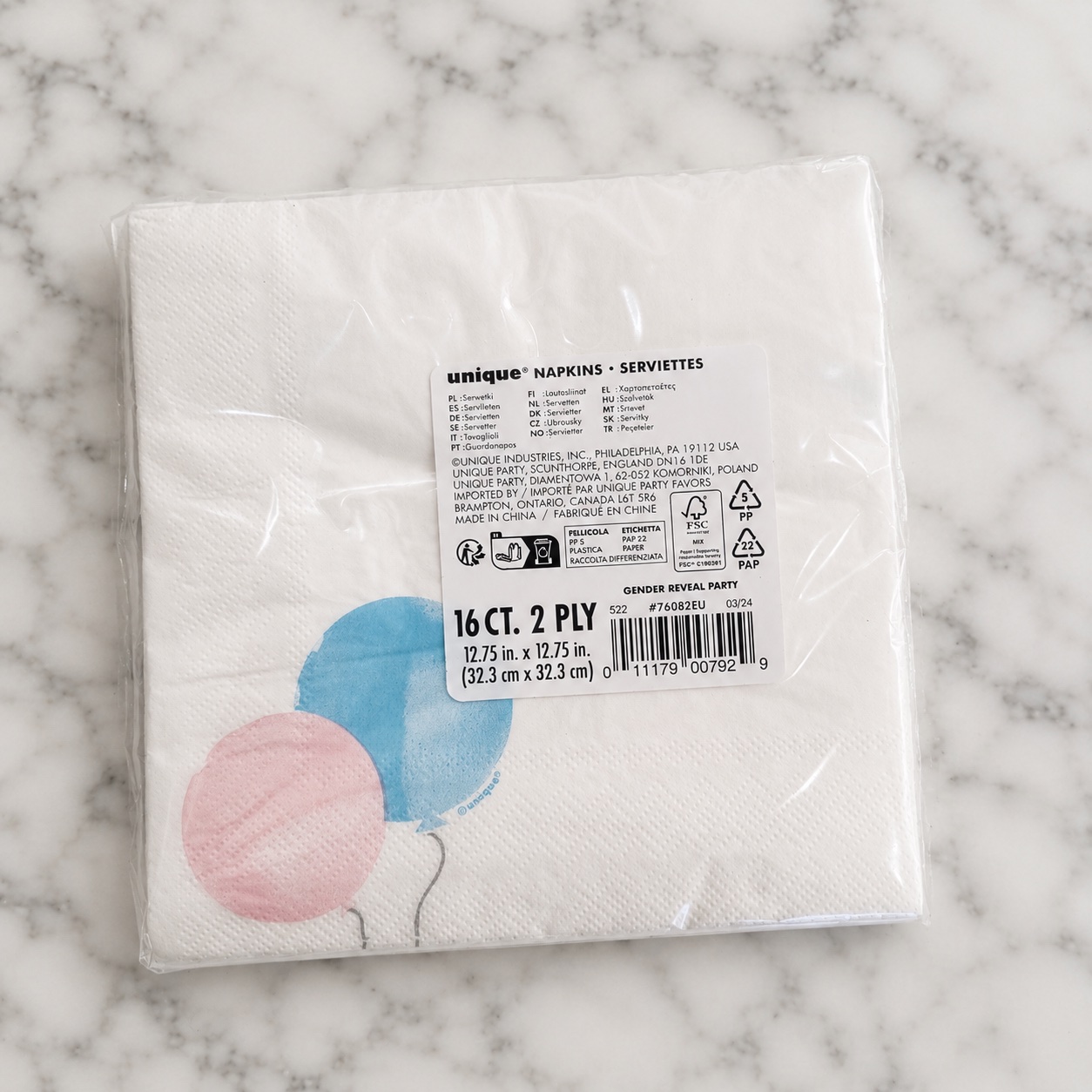 The reverse of the napkins with blue and pink balloon accents, 16 ct 2-ply