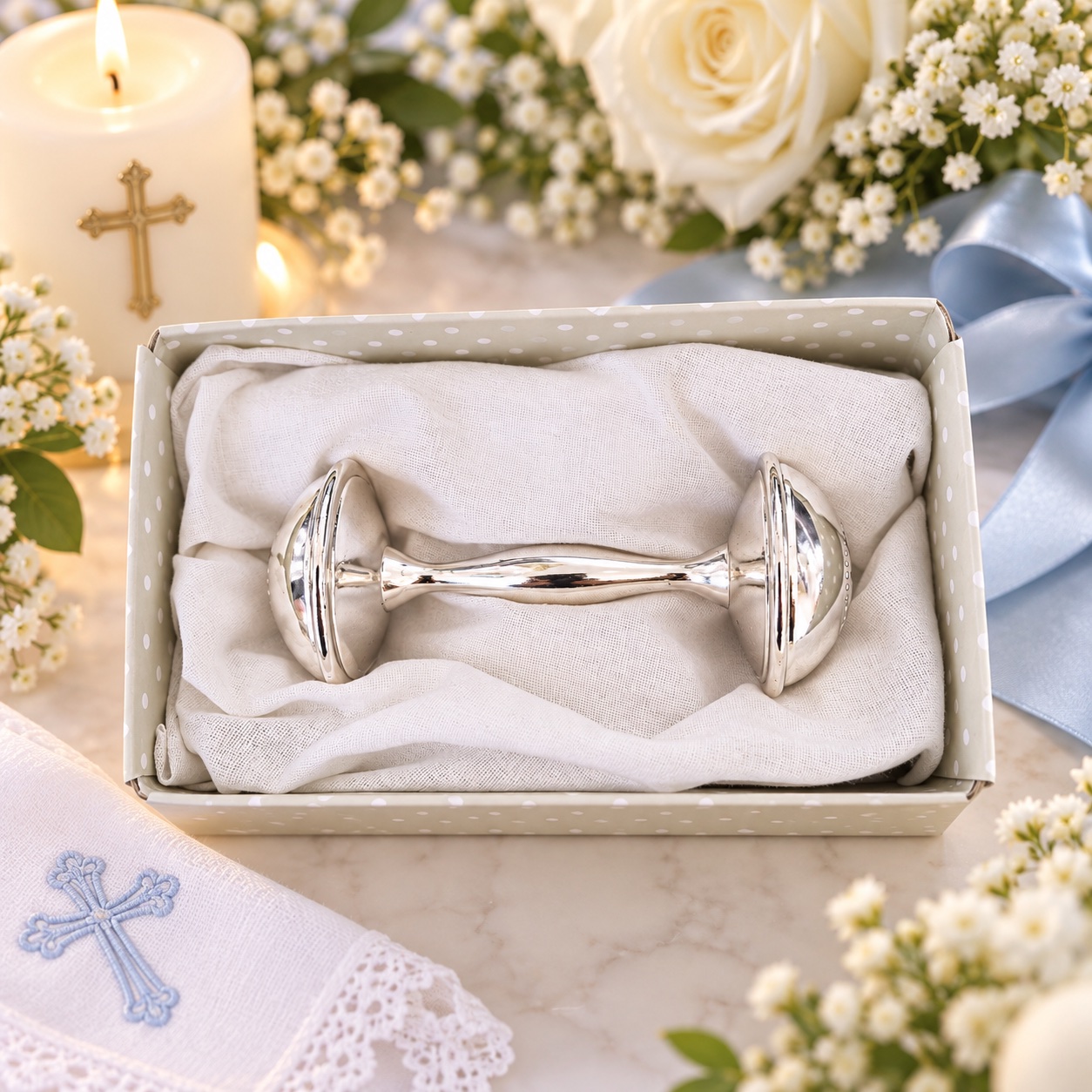 Second view of the Christening nappy cake showing the rolled nappies, grey pram blanket, keepsake rattle and 'On Your Special Day' silver band