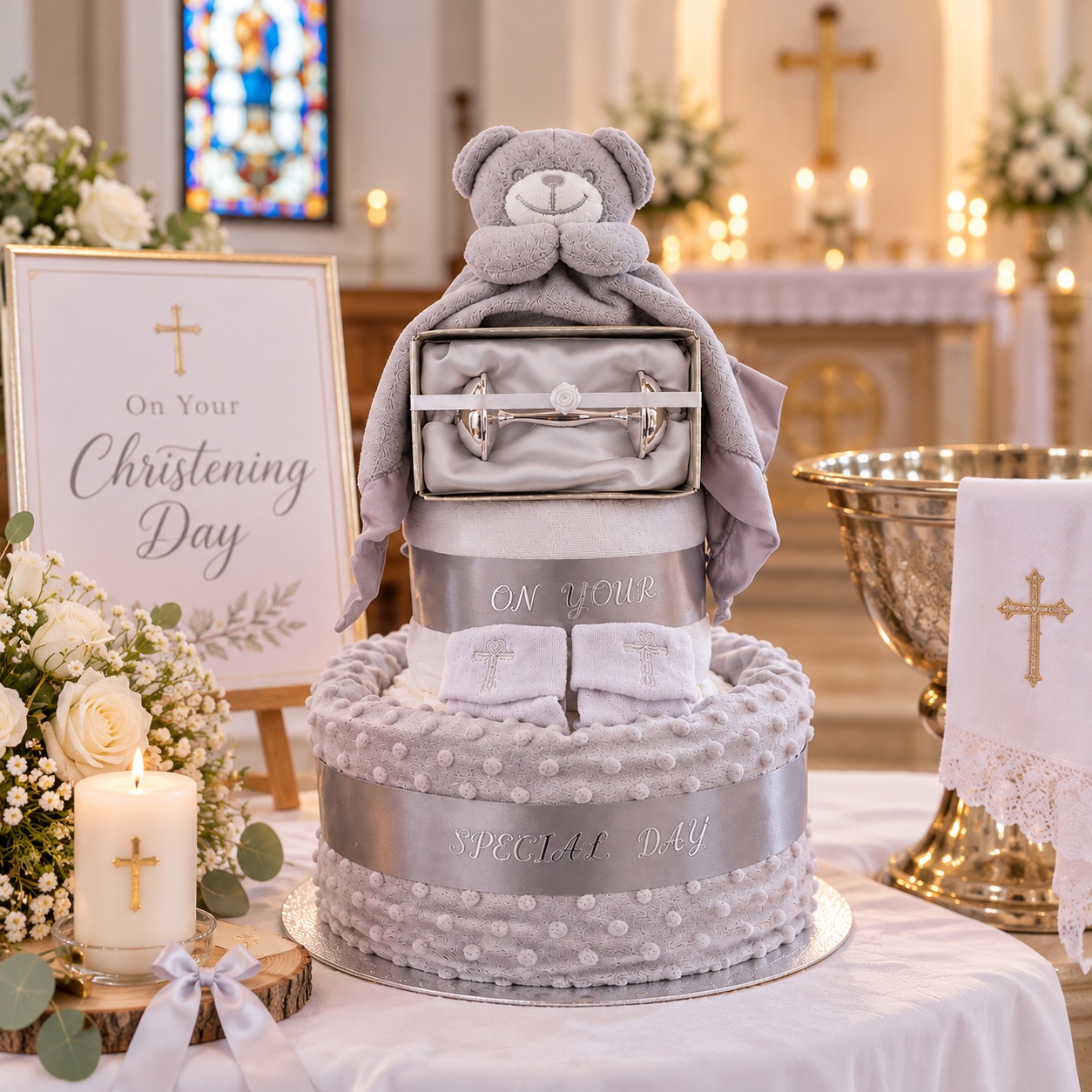White and silver Christening teddy bear nappy cake
