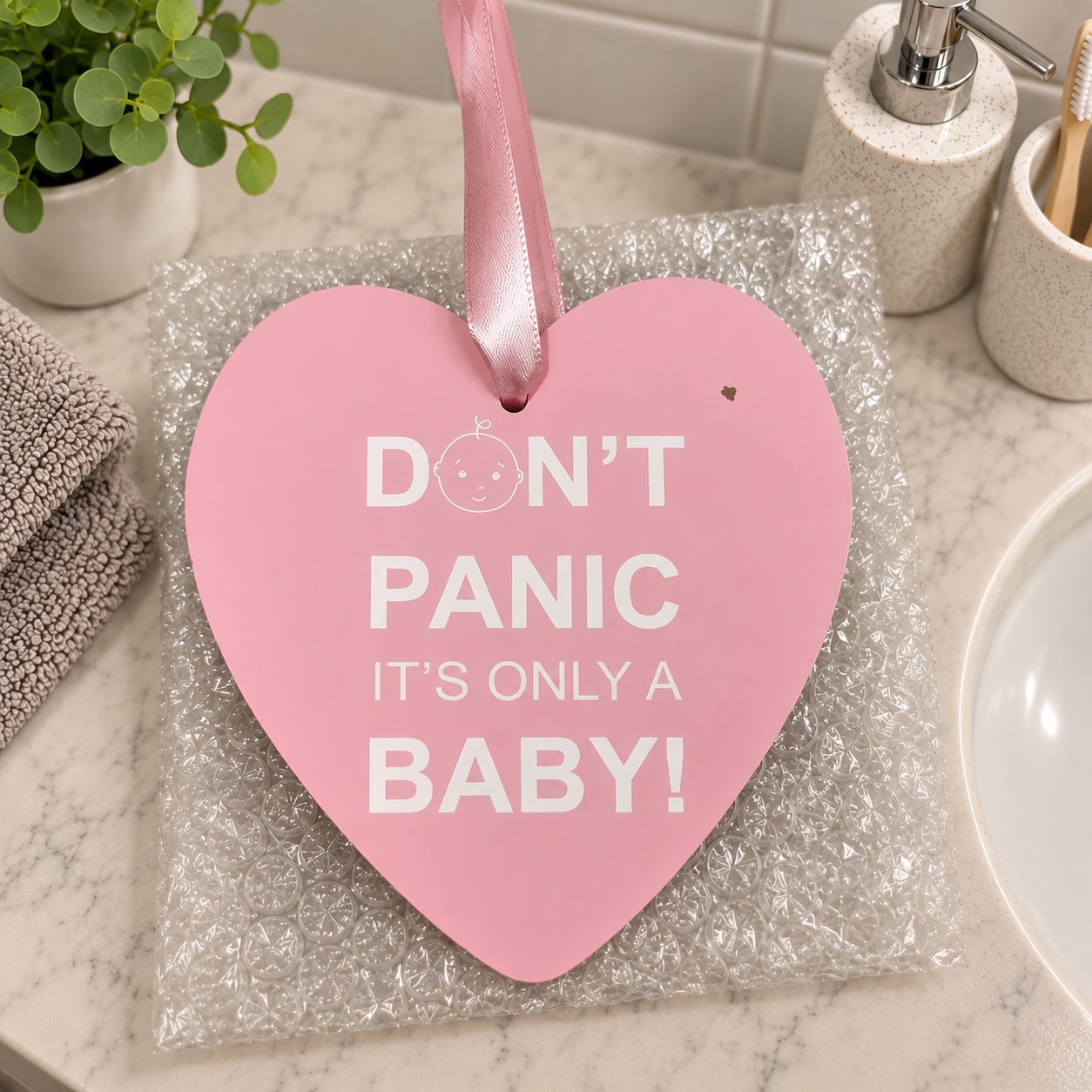 Pink Don't Panic heart baby plaque - clearance seconds