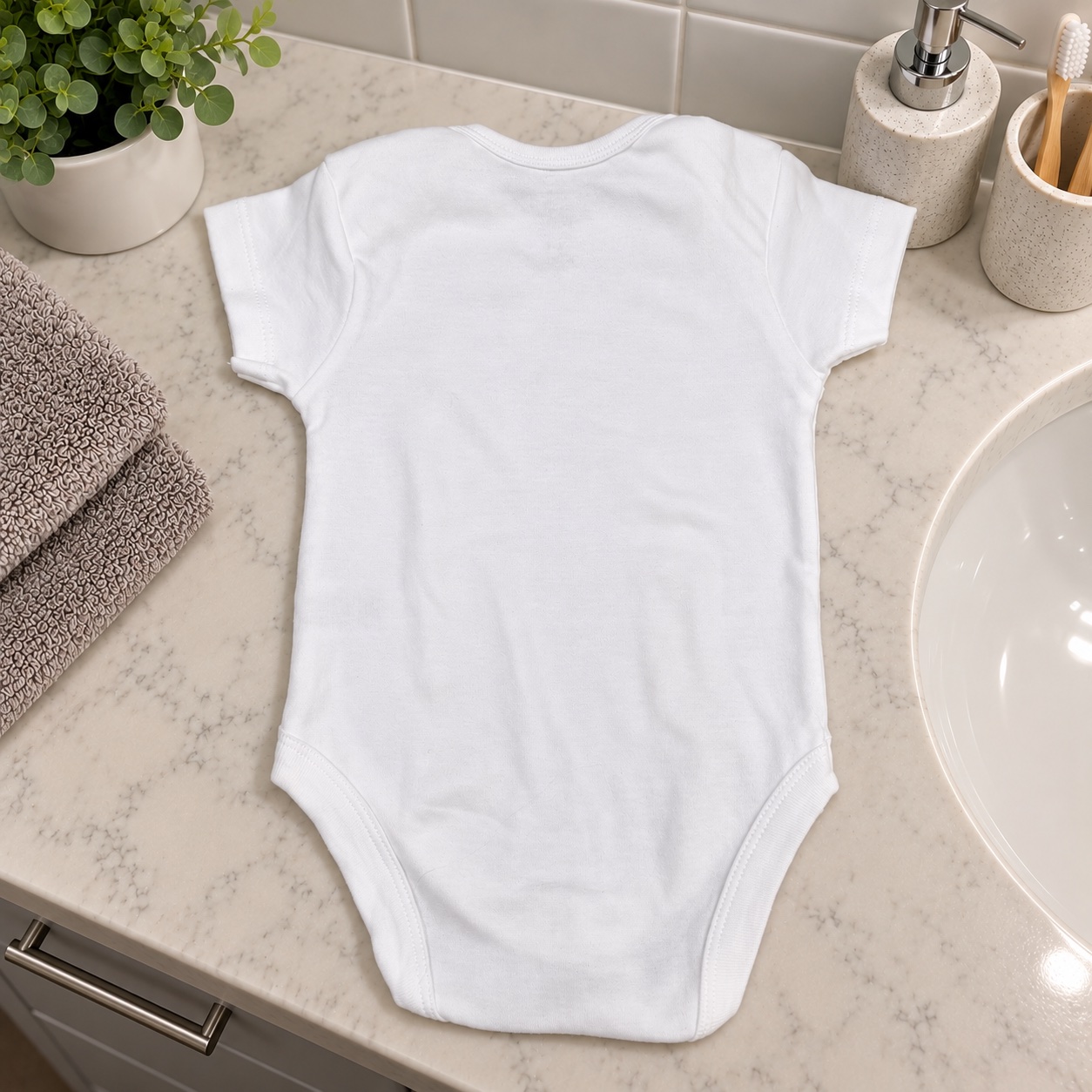 Back of the white baby bodysuit showing slight sun-fade marks / discolouration