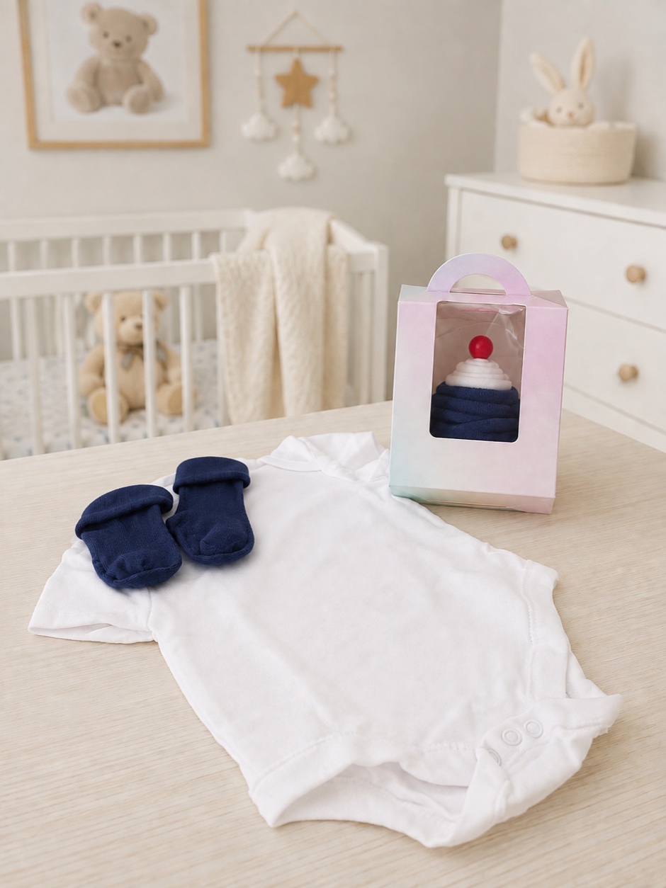 Dark blue baby cupcake gift set — a white bodysuit, navy socks and the boxed cupcake