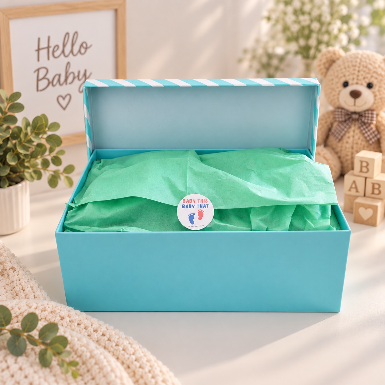 Second view of the Dumbo baby hamper showing the turquoise and white striped presentation gift box and its arranged contents