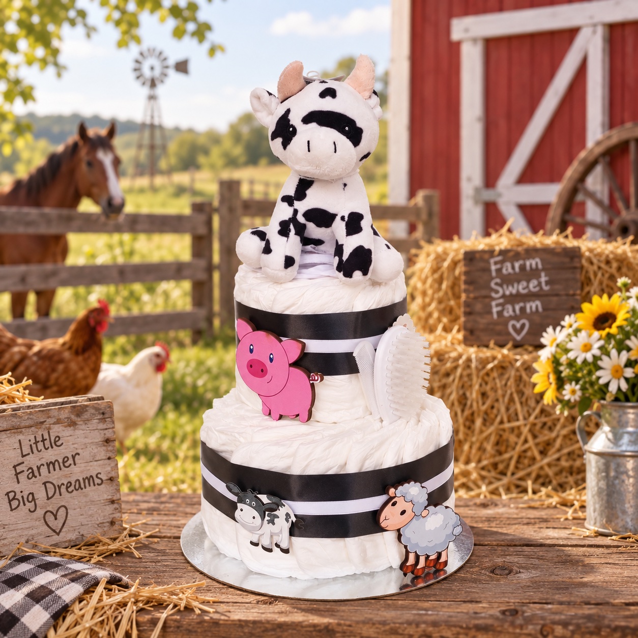 Farmyard themed two tier nappy cake with plush cow topper