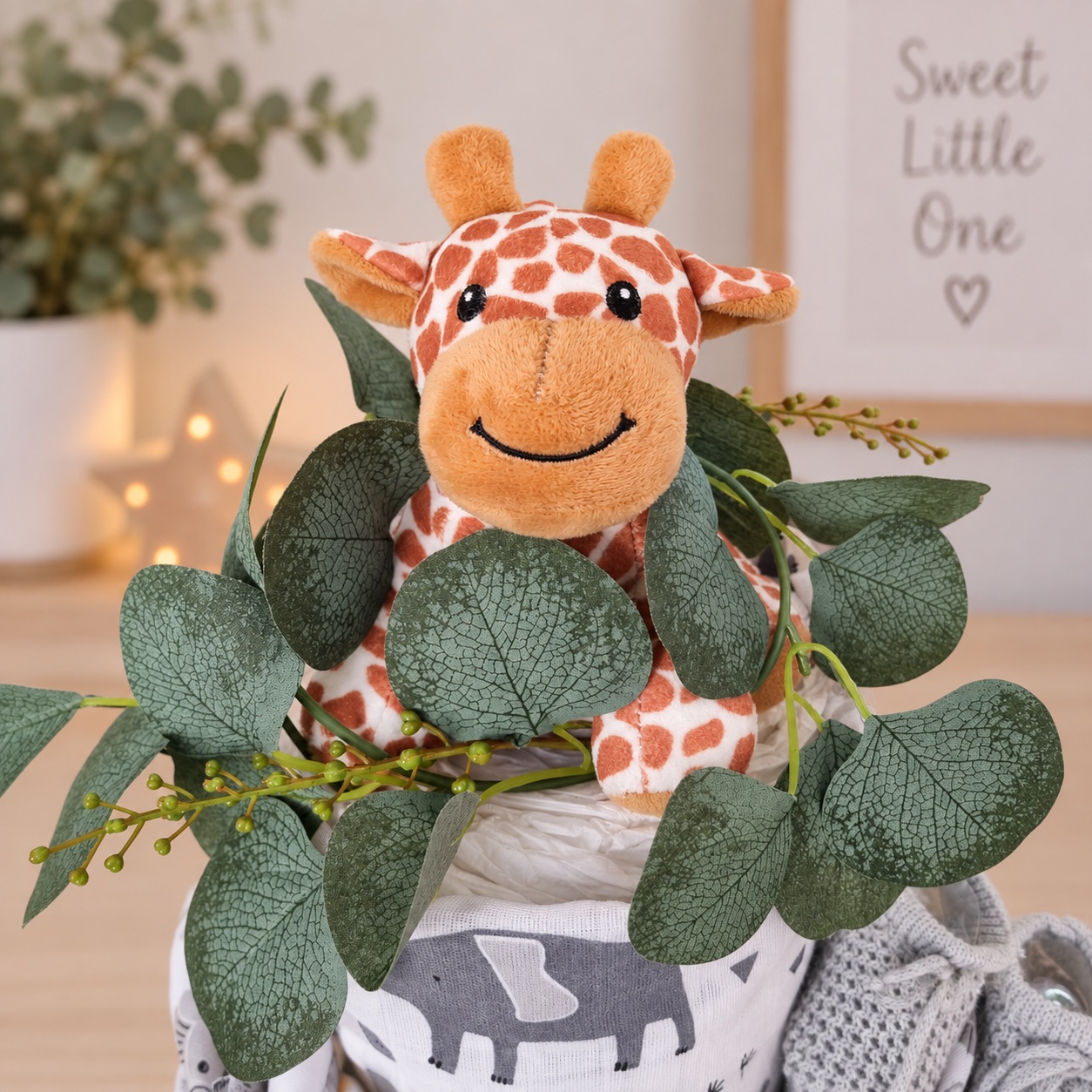 Second view of the safari giraffe nappy cake showing the rolled nappies, knitted booties and safari decorations
