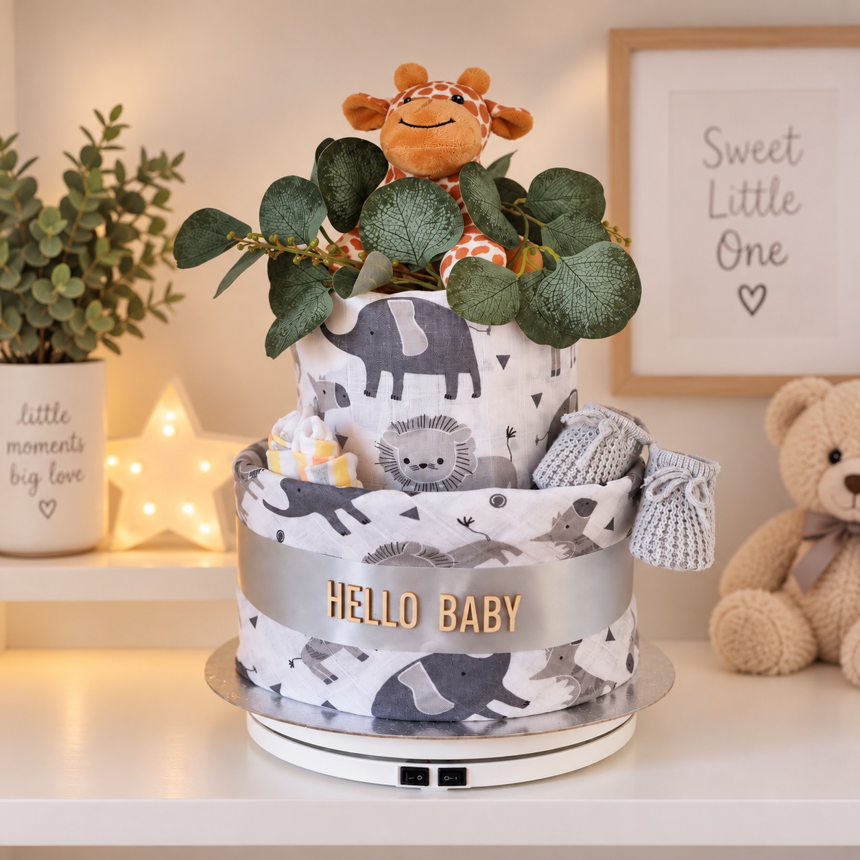 Safari giraffe-themed baby nappy cake