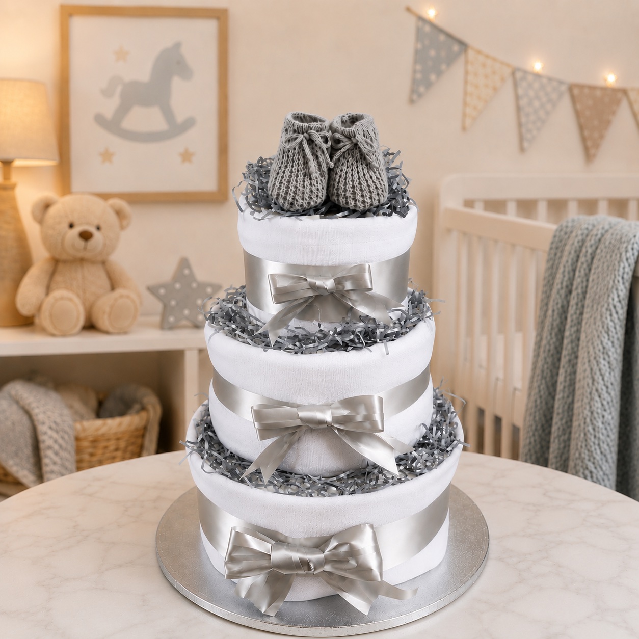 Grey Booties 3 Tier Nappy Cake
