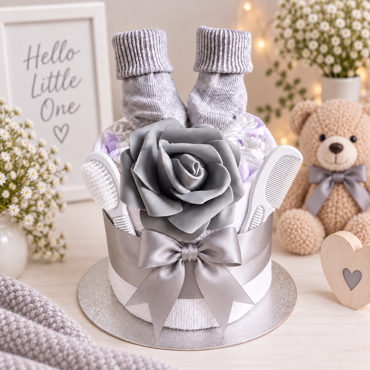 Grey Rose 1 Tier Nappy Cake