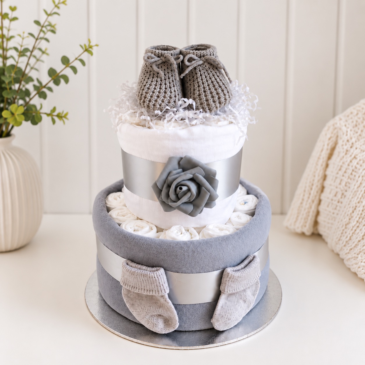 Grey Rose 2 Tier Nappy Cake