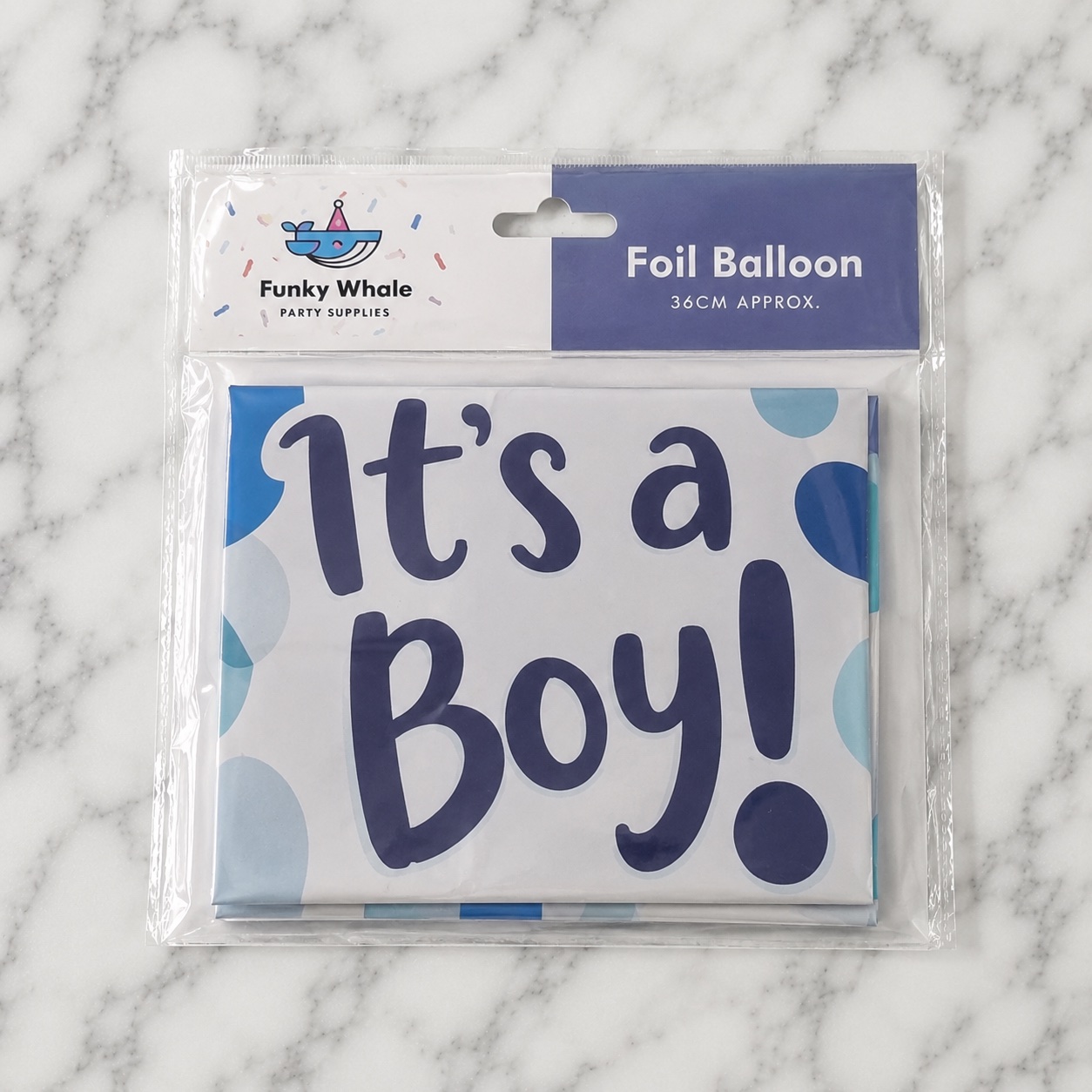 The It's a Boy foil balloon in its packaging