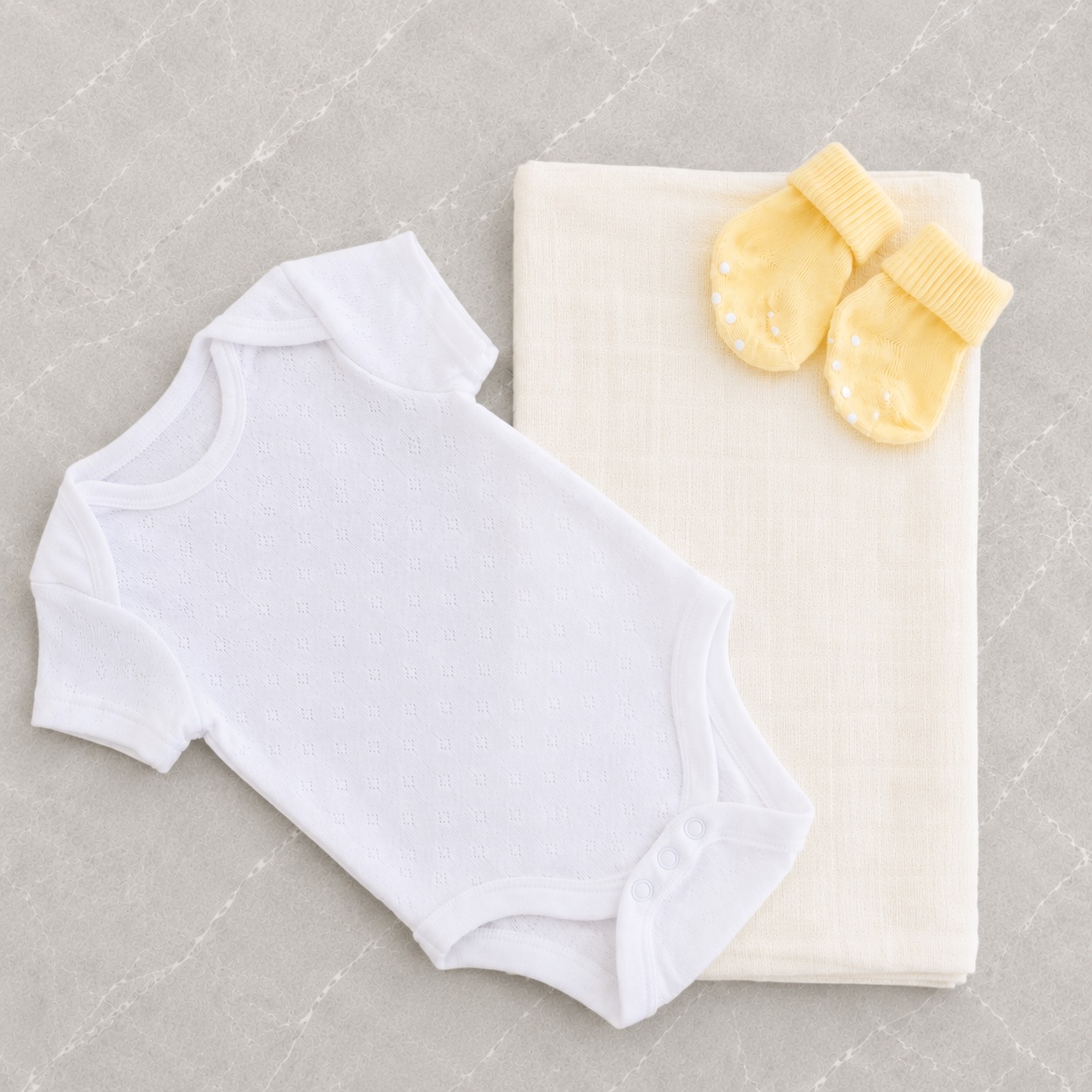 The lemon milkshake hamper contents laid out — a white bodysuit, cream muslin square and lemon-yellow baby socks