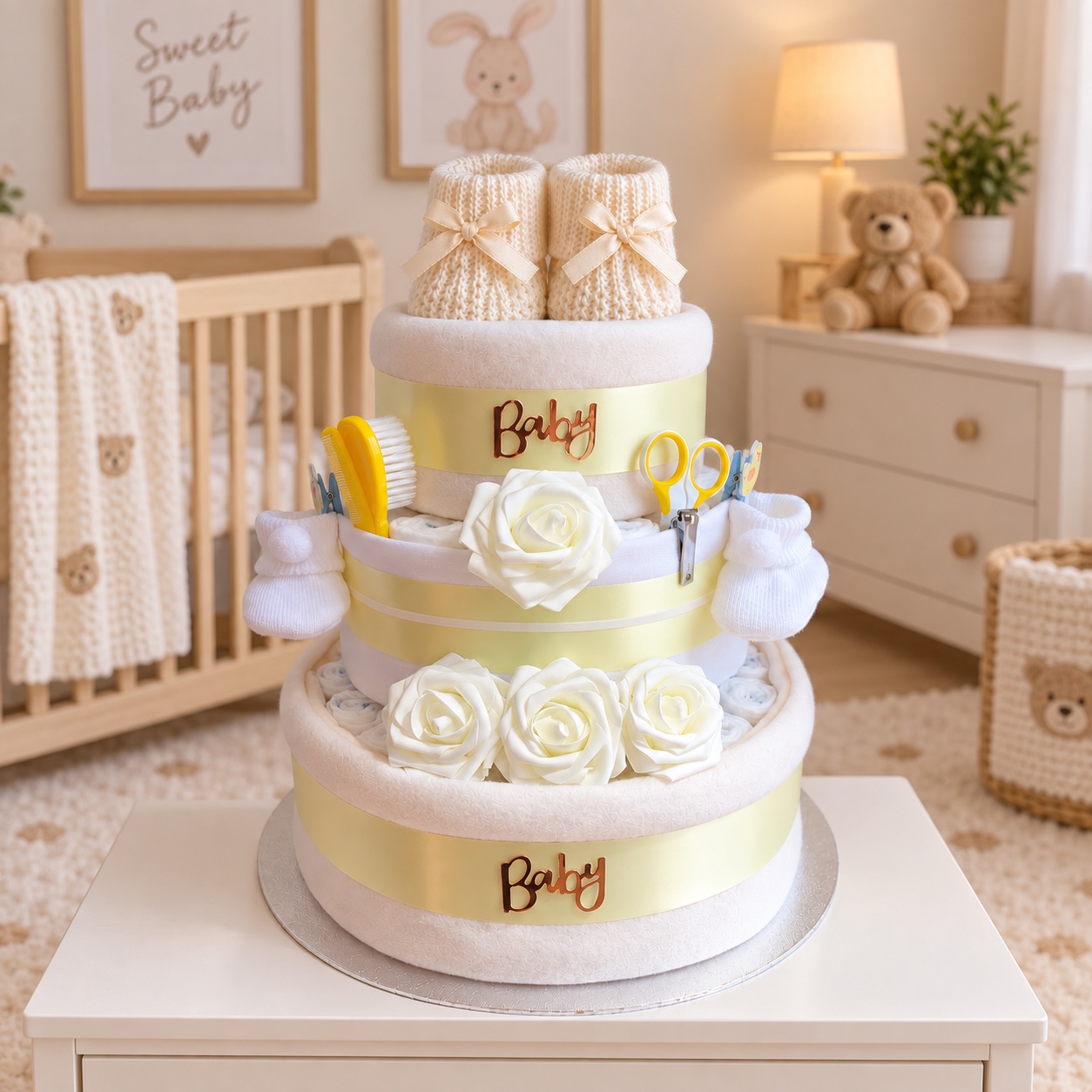 Lemon Rose 3 Tier Nappy Cake