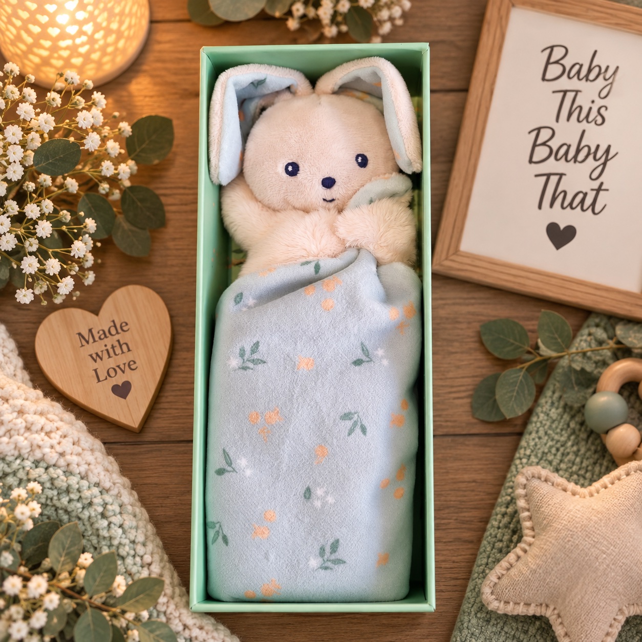 The soft floppy-eared bunny comforter with floral fabric, presented in a mint gift box