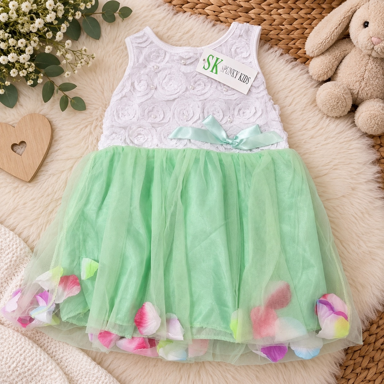 Flatlay of the mint green tulle baby dress with white floral lace pearl bodice, satin bow and pastel petals in the skirt