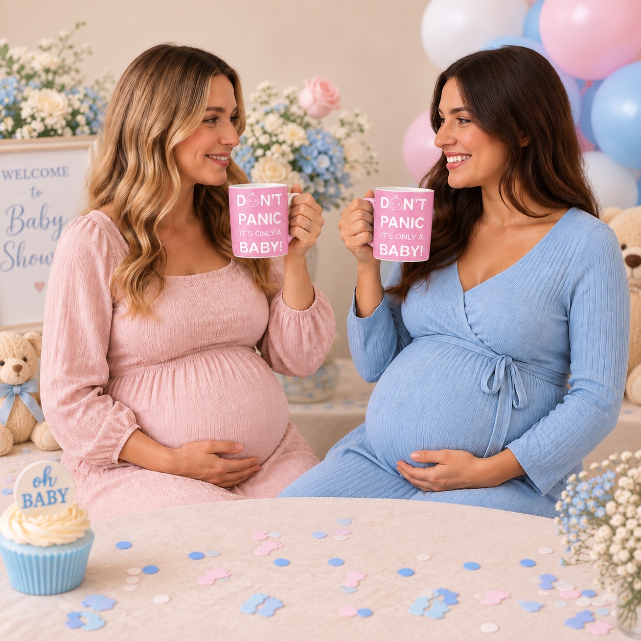 Two mums-to-be at a baby shower holding pink Don't Panic It's Only a Baby mugs