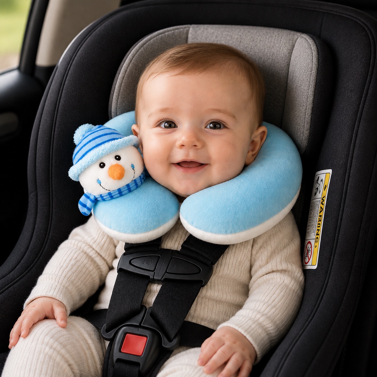 Smiling baby in a car seat wearing a soft blue snowman U-shaped neck pillow