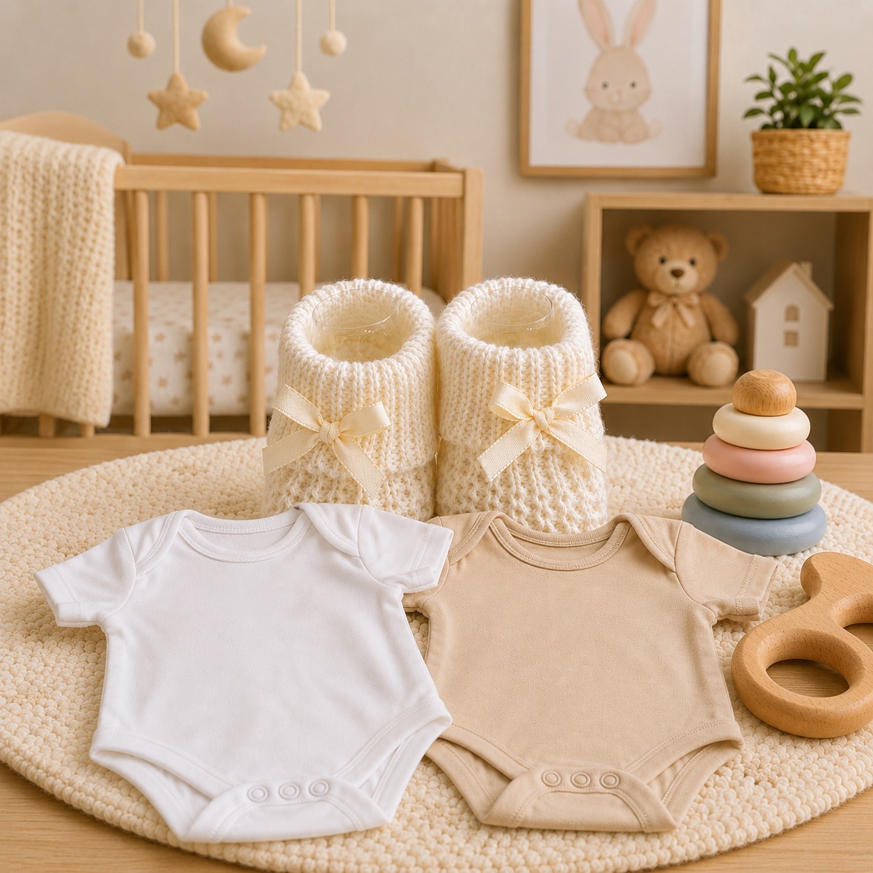 The neutral nappy cake contents — cream booties, a white bodysuit and a neutral bodysuit