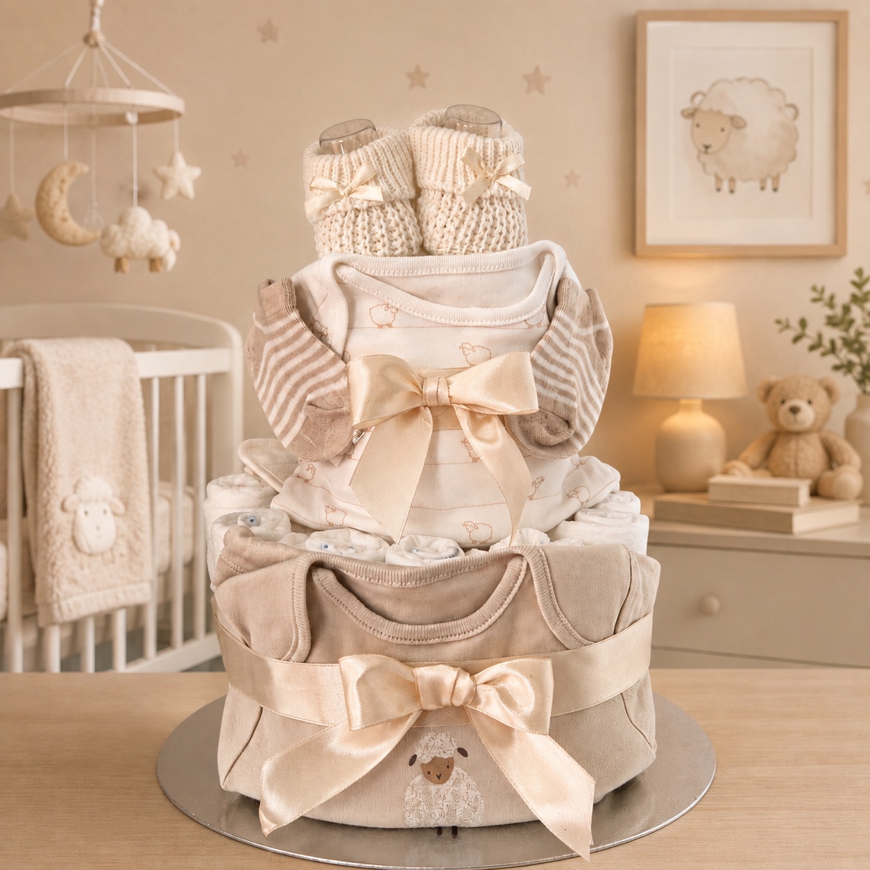 Neutral 2 Tier Nappy Cake