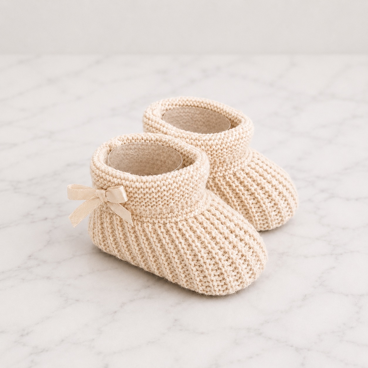 Close-up of the neutral knitted baby booties on a soft nursery blanket