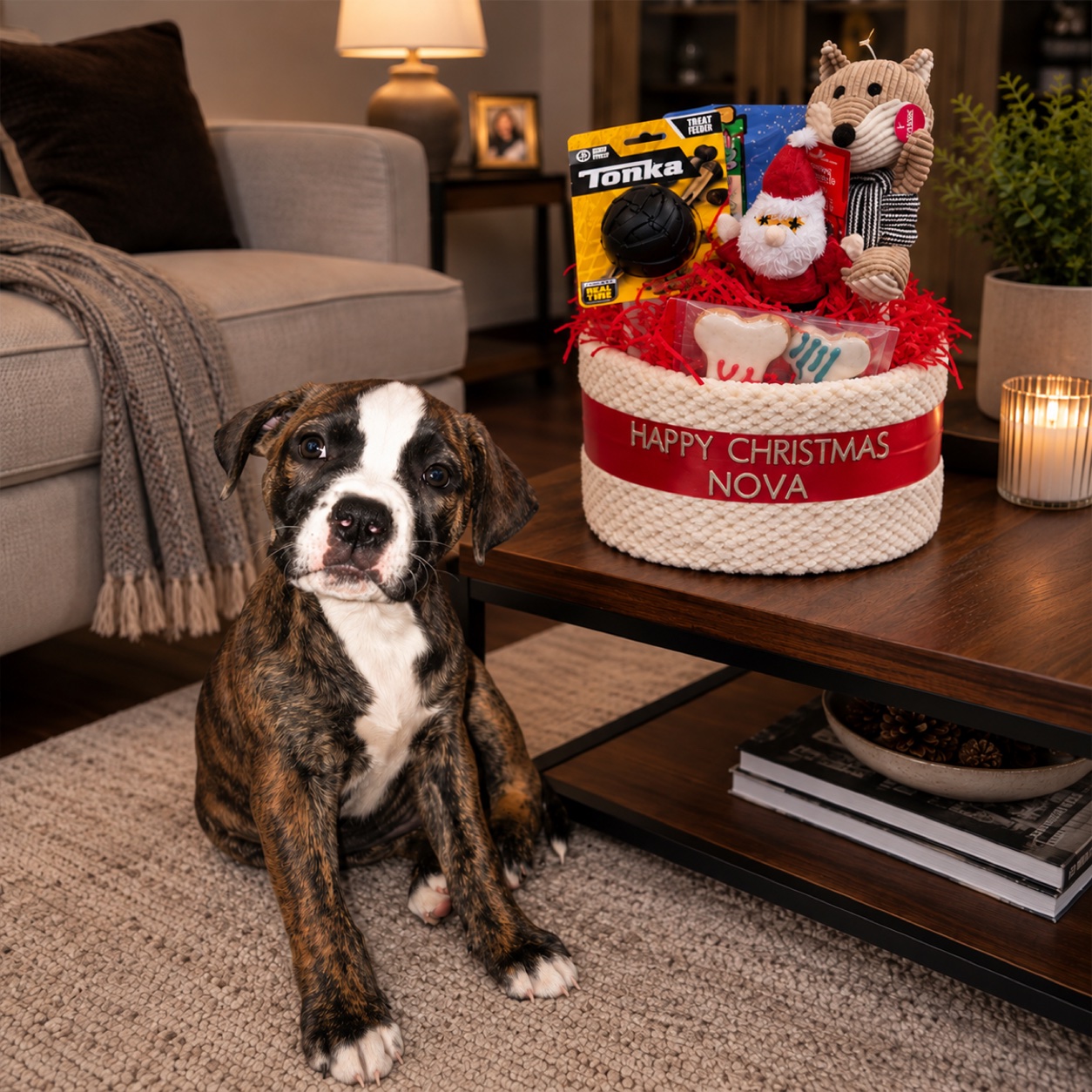 Personalised Christmas dog hamper on a table with a puppy sitting beside it
