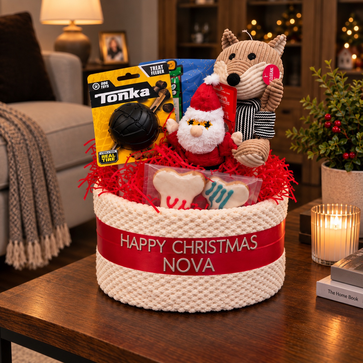 Personalised Christmas dog hamper with festive toys and treats