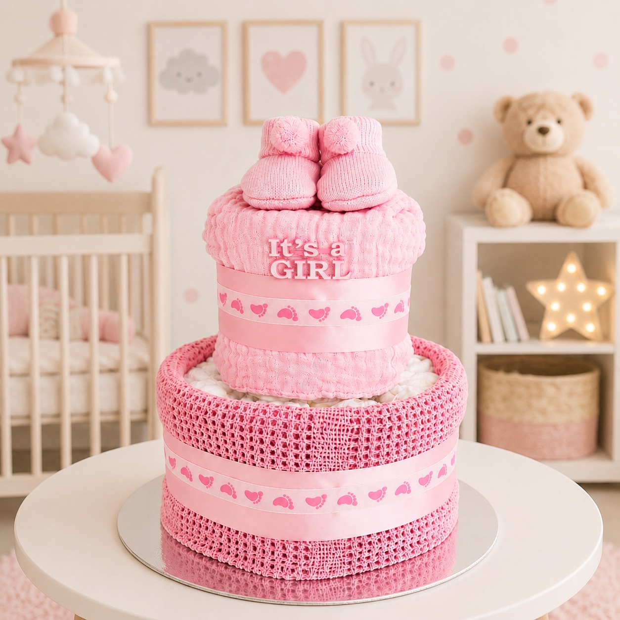 Pink Booties 2 Tier Nappy Cake