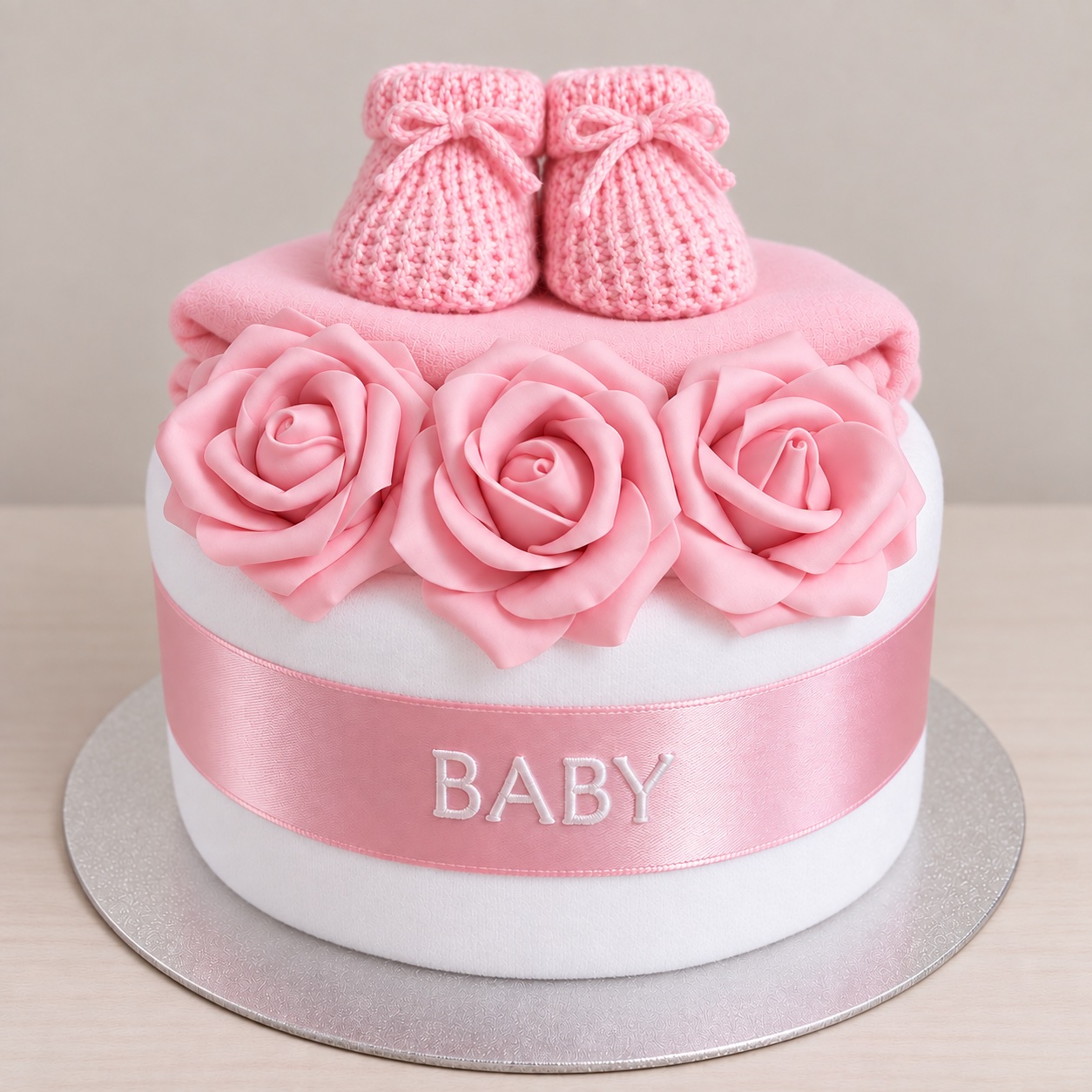 Pink 3 Rose 1 Tier Nappy Cake