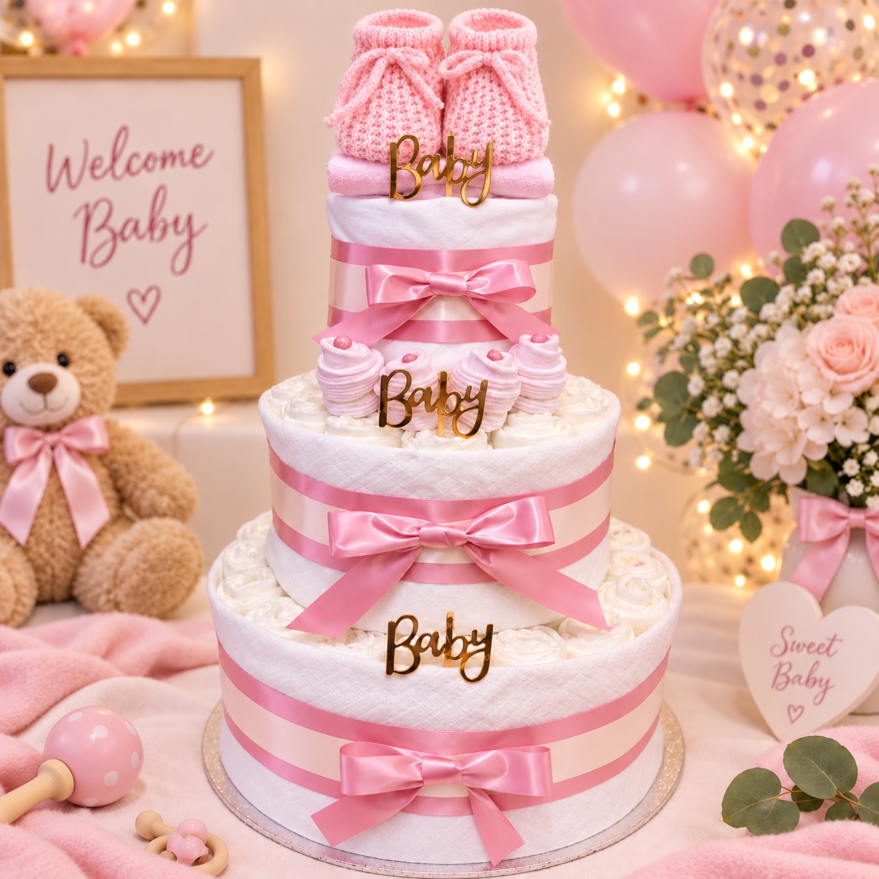 Pink and white 3 tier booties nappy cake for a baby girl