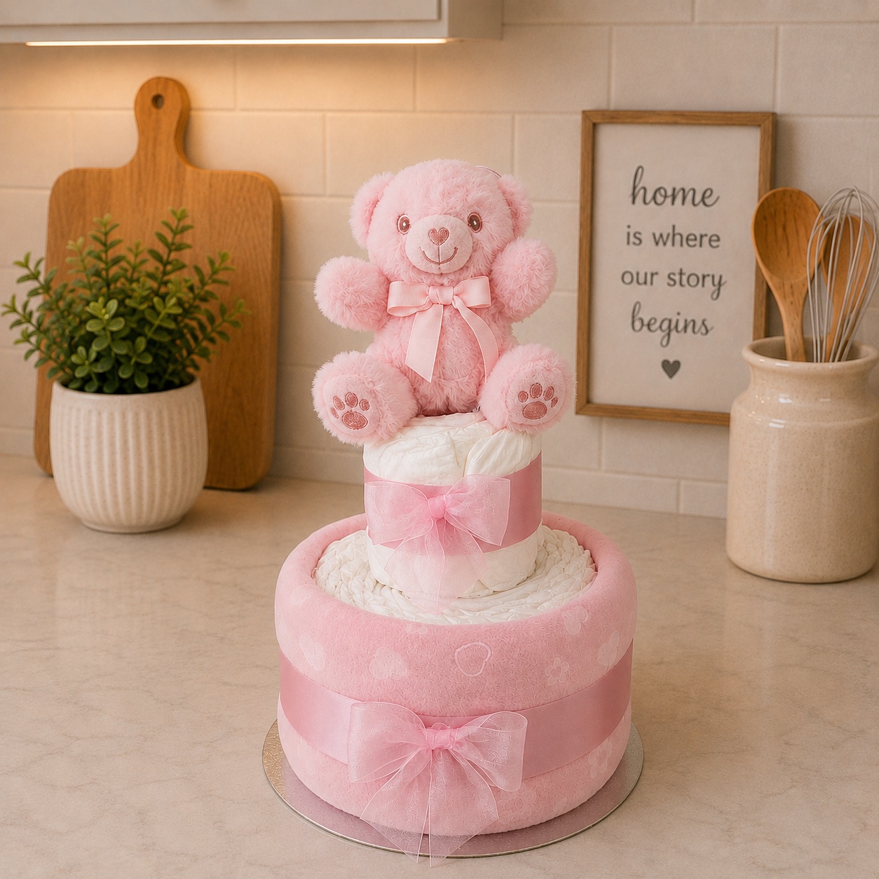 Pink Bear 2 Tier Nappy Cake