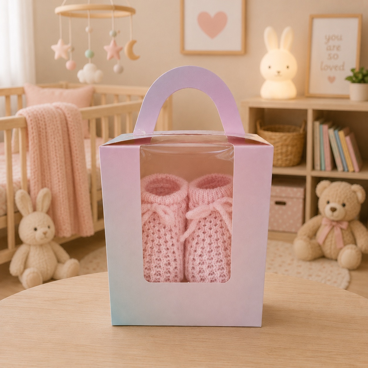 Pink knitted baby booties presented in a pastel gift box