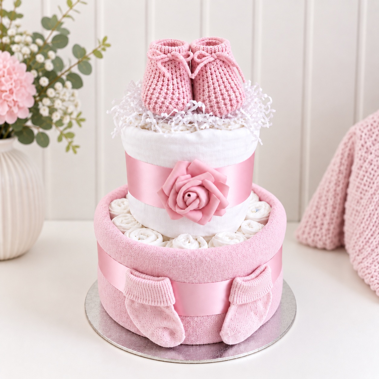 Pink booties two tier baby girl nappy cake