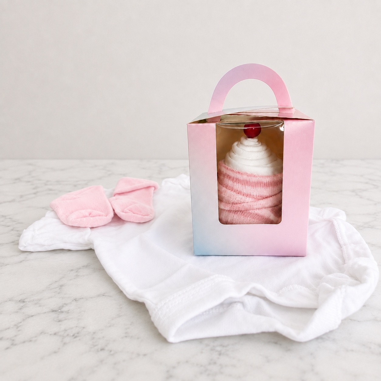 The pink cupcake gift box beside the white bodysuit and pink socks it's made from
