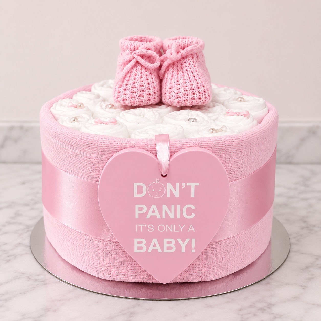Pink Don't Panic 1 tier nappy cake for a baby girl