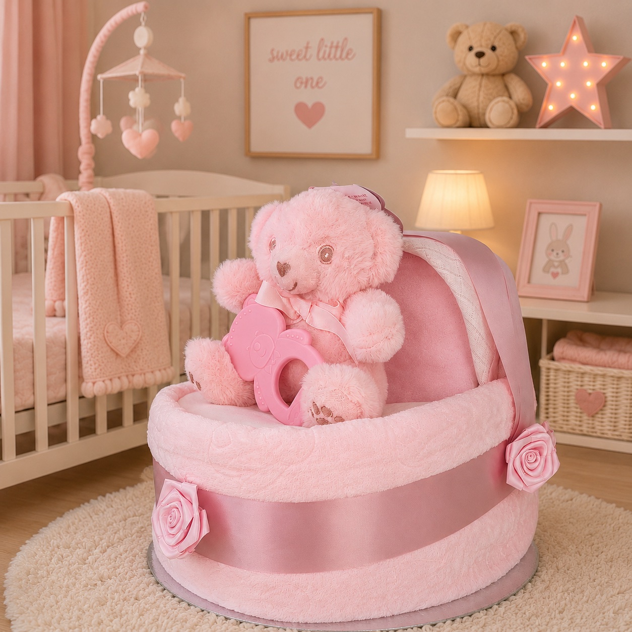 Pink large pram nappy cake with teddy bear for a baby girl
