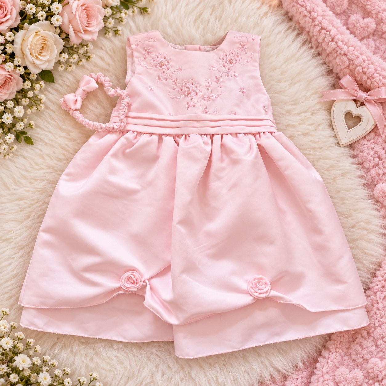 Second view of the pink party dress and matching pink bow headband set