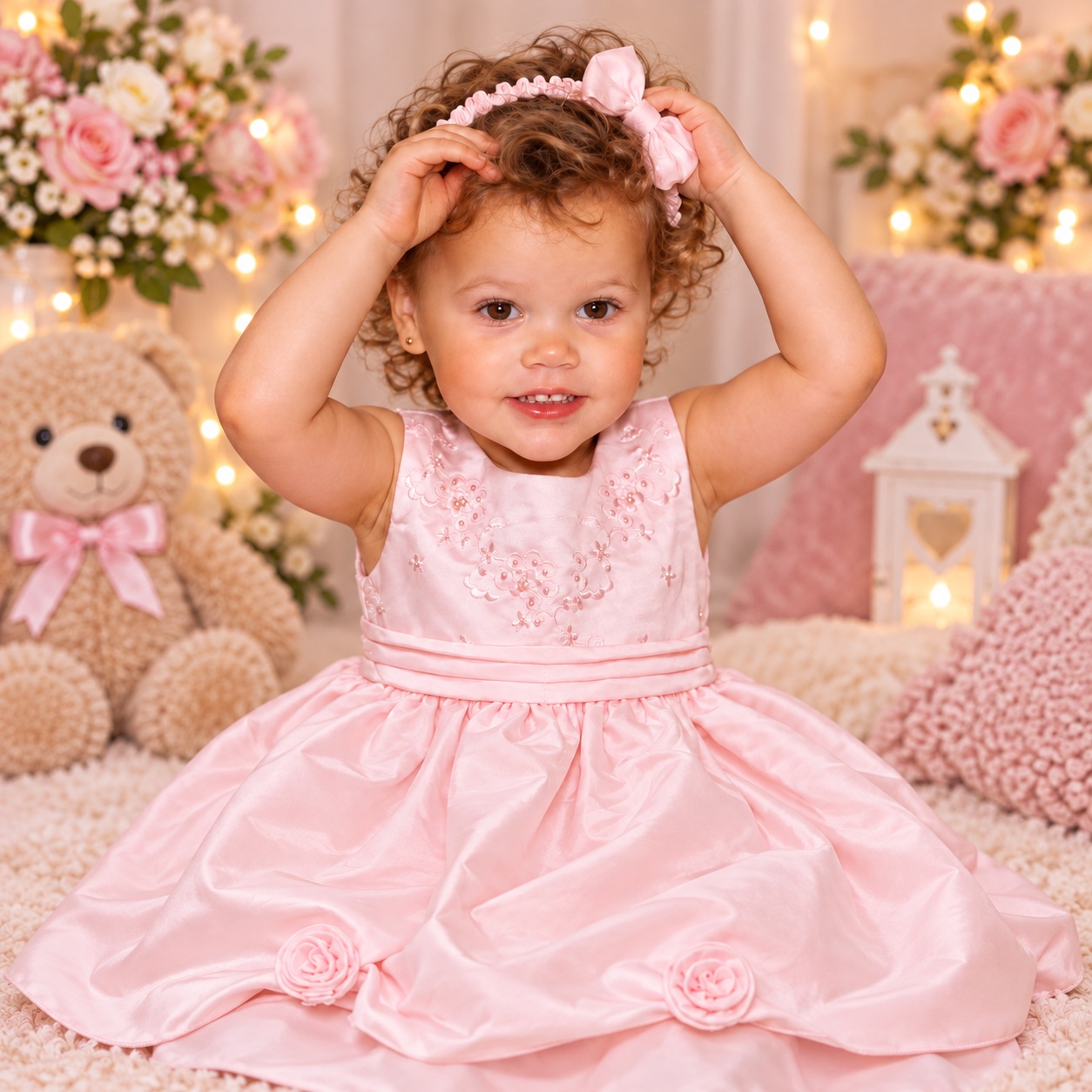 Soft pink girls' party dress with matching bow headband